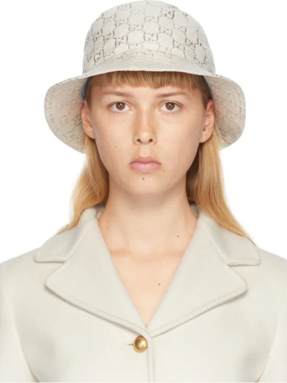 Gucci White GG Silver Lamé Bucket Hat NWOT